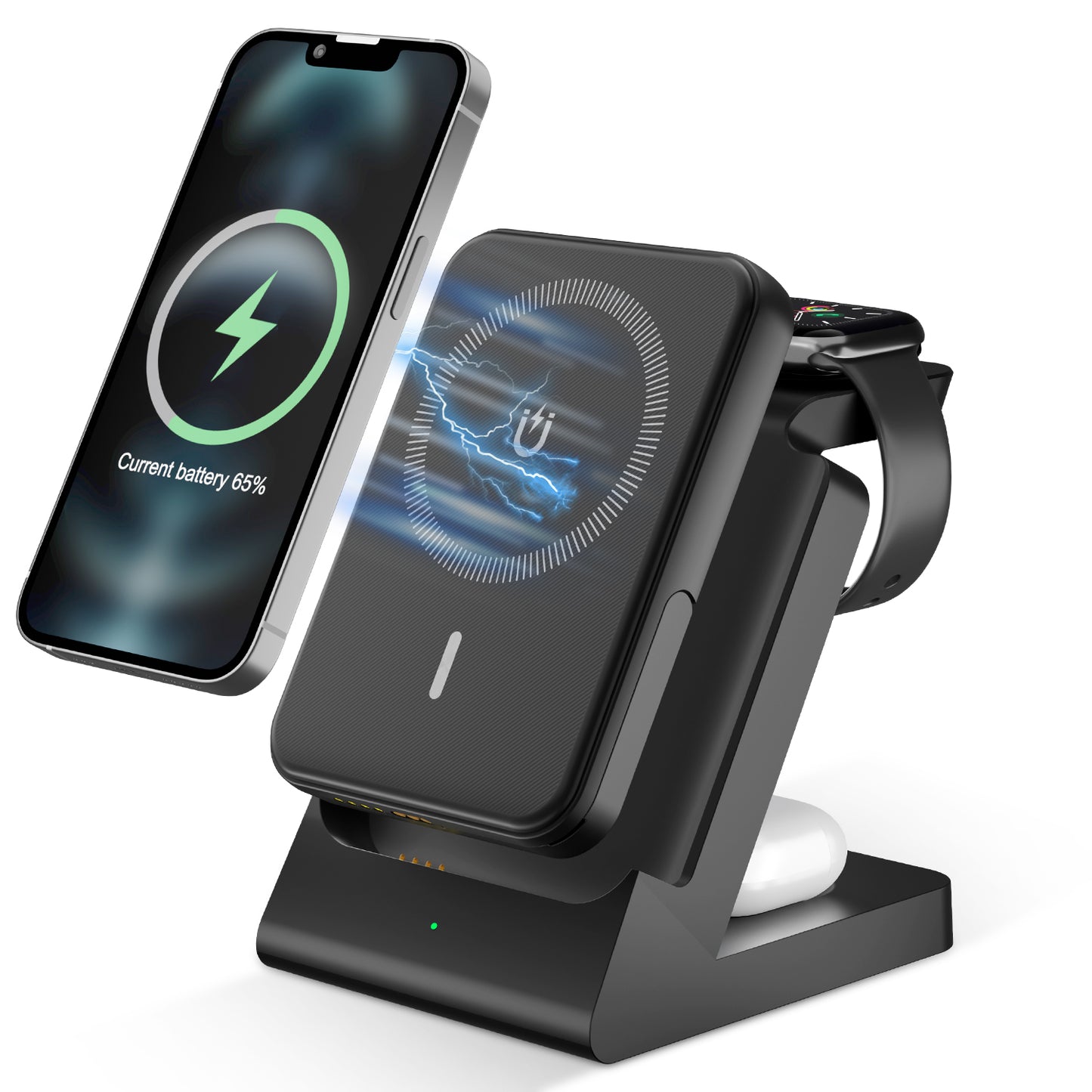 The 3-in-1 Wireless Charging Station quickly charges iPhone, Apple Watch, and AirPods. Compact, efficient, and perfect for home or office.