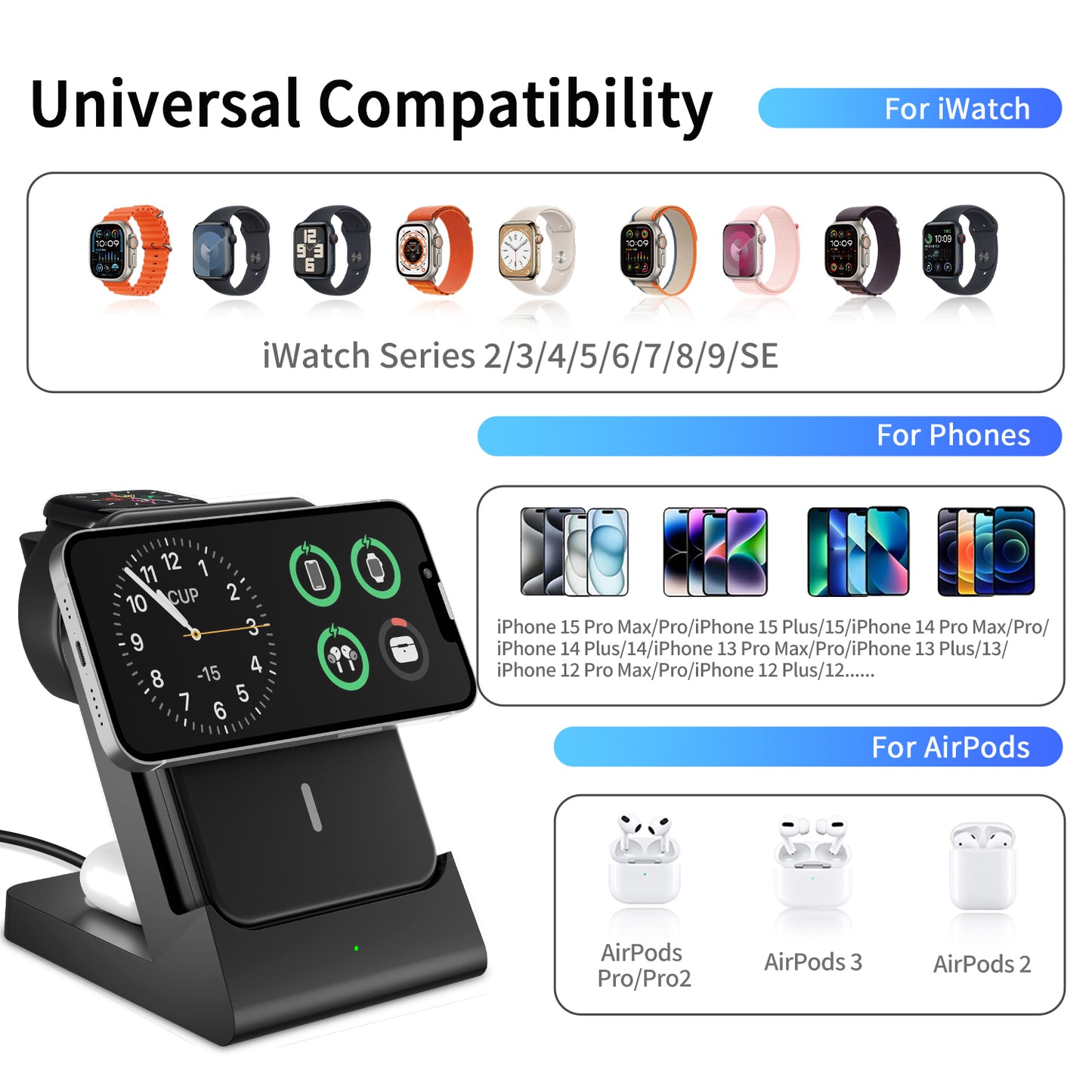 The 3-in-1 Wireless Charging Station quickly charges iPhone, Apple Watch, and AirPods. Compact, efficient, and perfect for home or office.