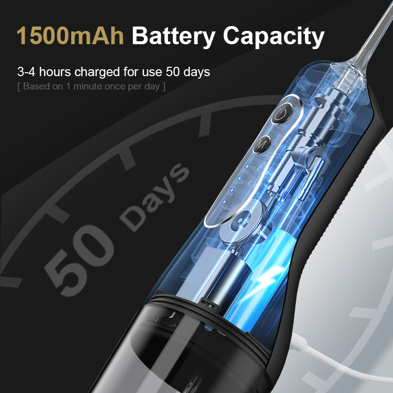 Portable Cordless Water Flosser – 240ml capacity, rechargeable with 4 modes and 4 jet tips. IPX7 waterproof for effective, convenient, and portable oral care at home or while traveling.