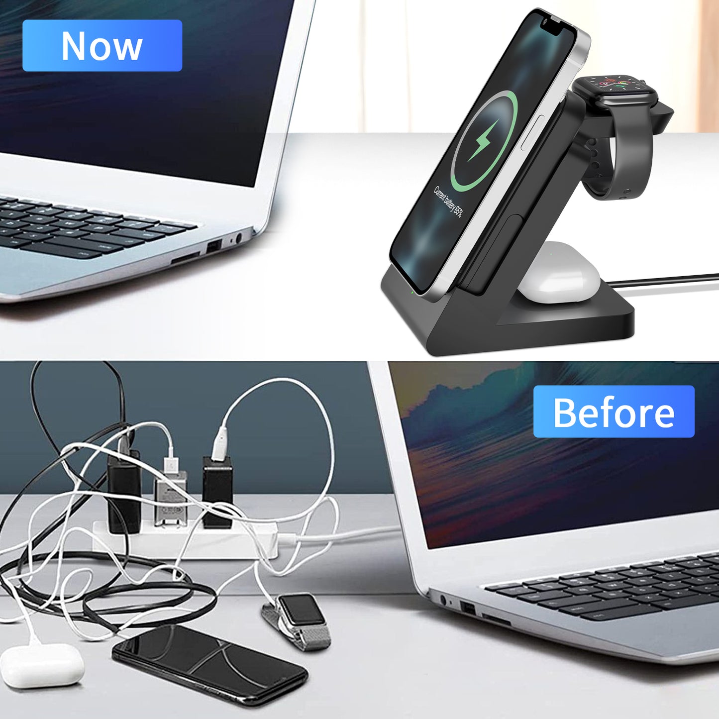 The 3-in-1 Wireless Charging Station quickly charges iPhone, Apple Watch, and AirPods. Compact, efficient, and perfect for home or office.
