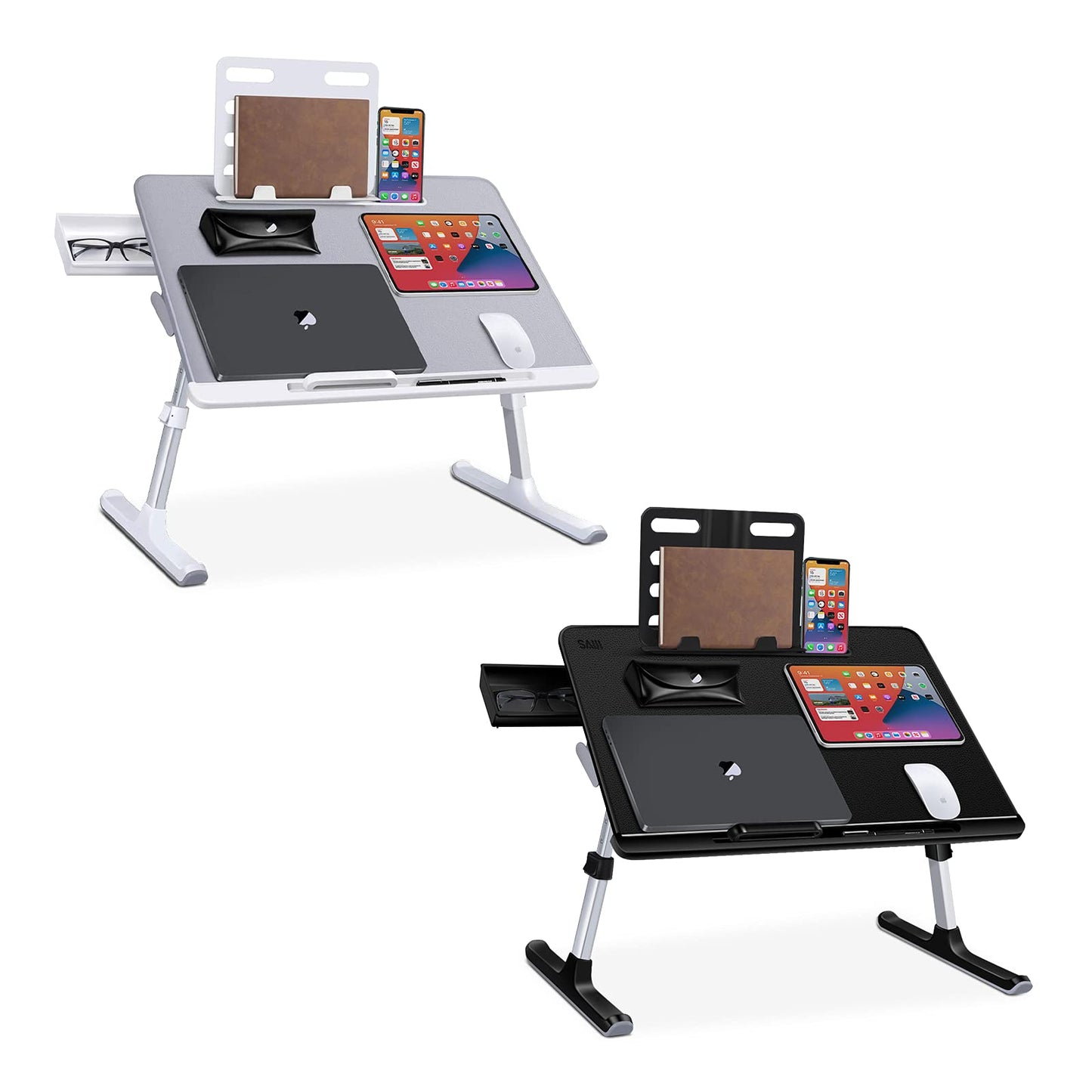 SAIJI Laptop Bed Tray Desk, Adjustable Laptop Stand for Bed, Foldable Laptop Table with Storage Drawer for Eating, Working, Writing, Gaming, Drawing (Gray&Black, X-Large)