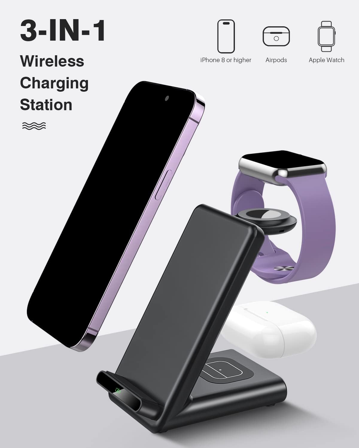 The 3-in-1 Wireless Charging Station quickly charges iPhone, Apple Watch, and AirPods. Compact, efficient, and perfect for home or office.