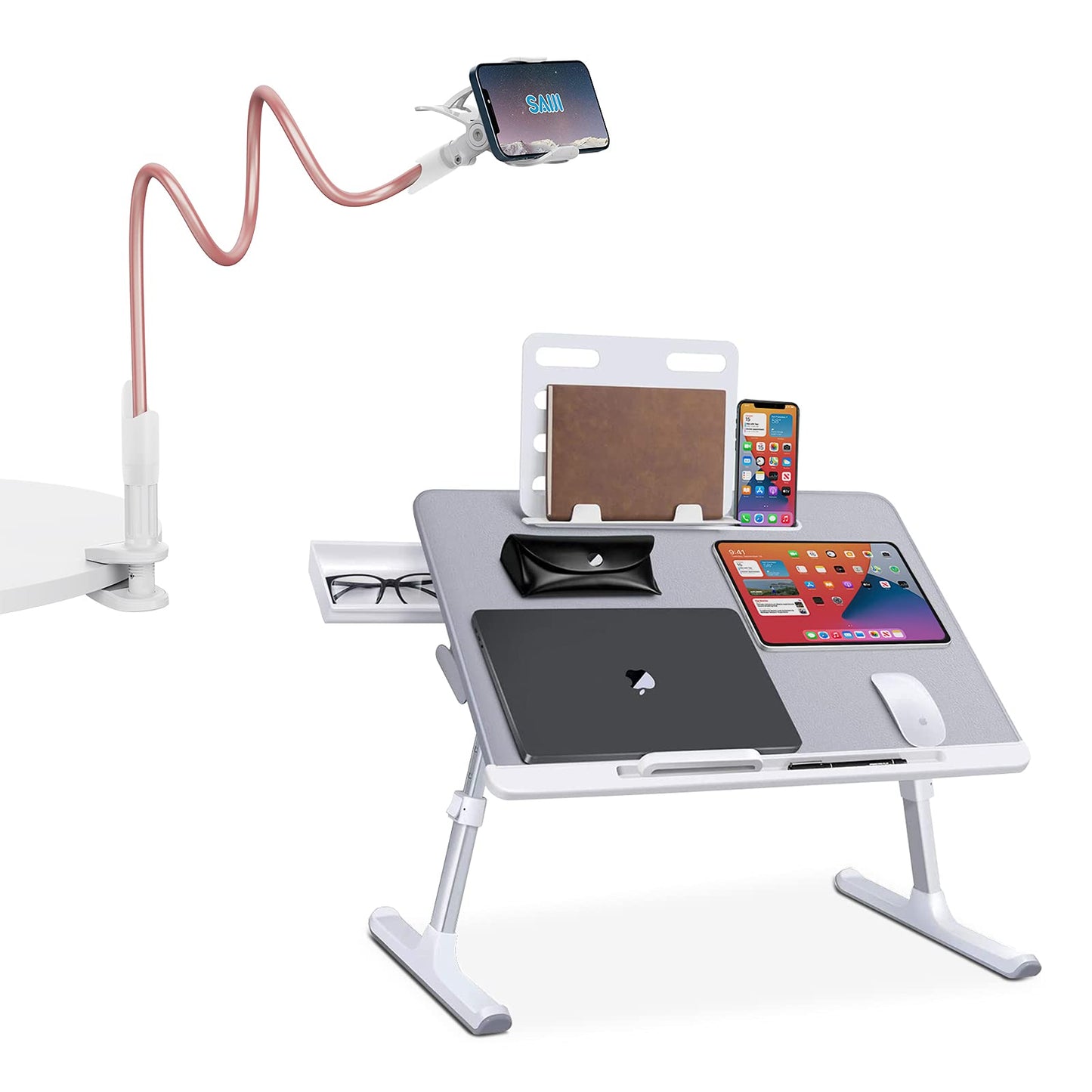 SAIJI Laptop Bed Tray Desk, Adjustable Laptop Stand for Bed,Foldable Laptop Table(Gray, X-Large) Gooseneck Cell Phone HolderClamp Universal Lazy Mount Clip (Rose Gold)