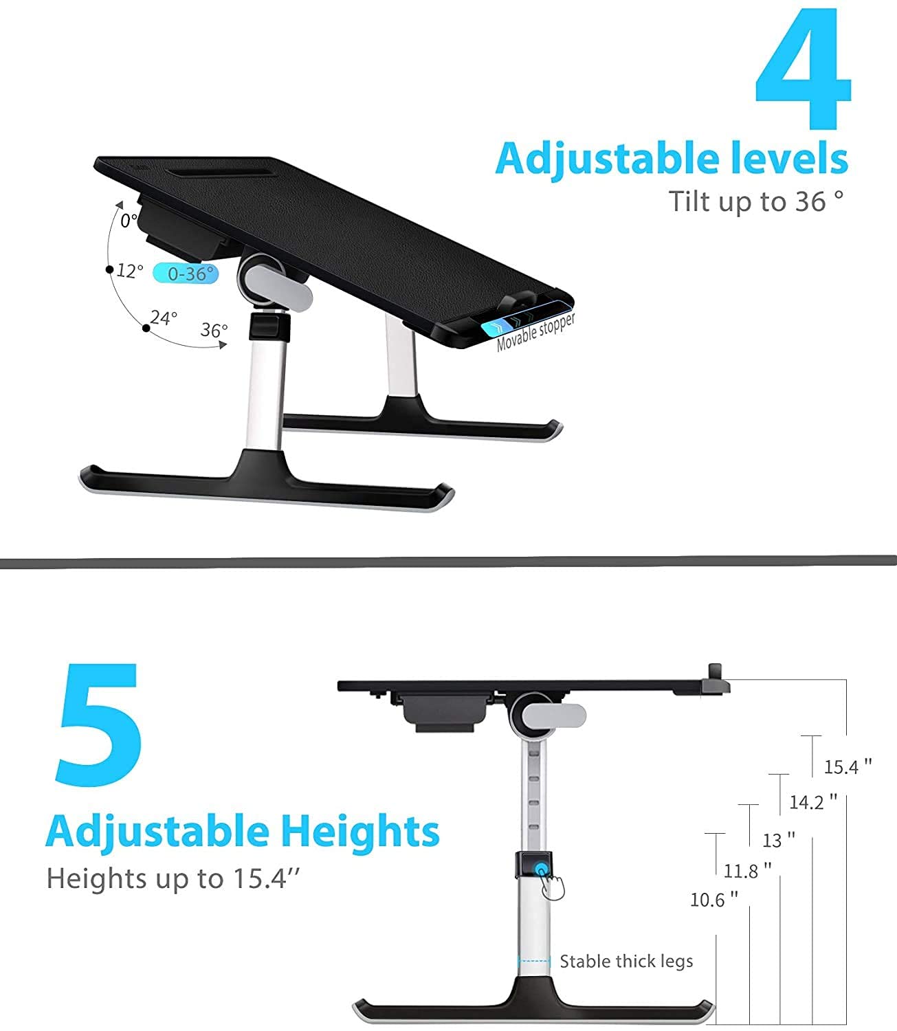 SAIJI Laptop Bed Tray Desk, Adjustable PVC Leather Desktop Lap Desk, Portable Laptop Table Stand with Storage Drawer, Foldable Laptop Tray for Sofa Couch Floor (Large, Gray&X-Large,Black)