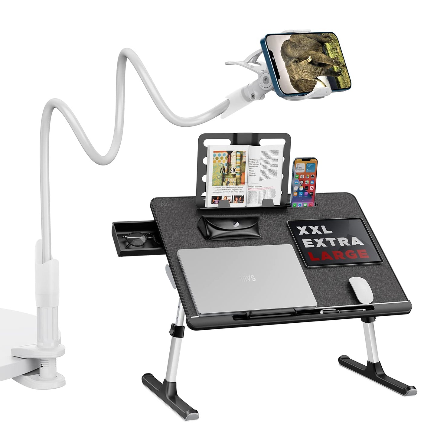 SAIJI Laptop Bed Tray Table+Gooseneck Phone Stand for Bed