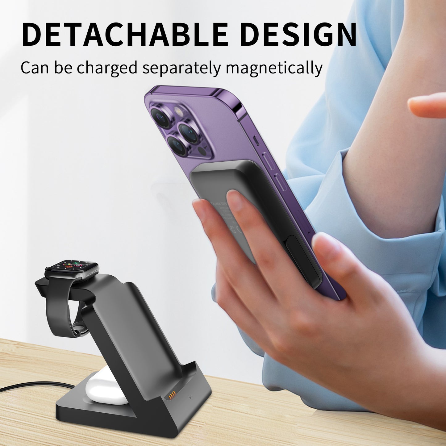 The 3-in-1 Wireless Charging Station quickly charges iPhone, Apple Watch, and AirPods. Compact, efficient, and perfect for home or office.