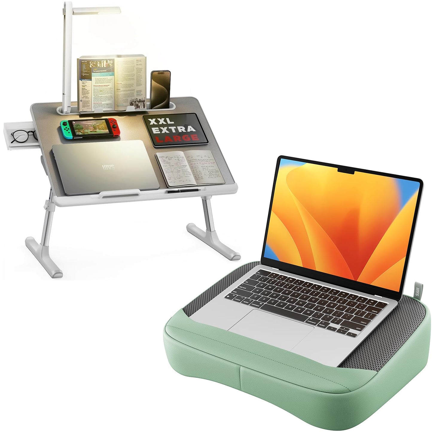 SAIJI Breathable Lap Desk for Laptop + Laptop Bed Tray Desk with LED Desk Light