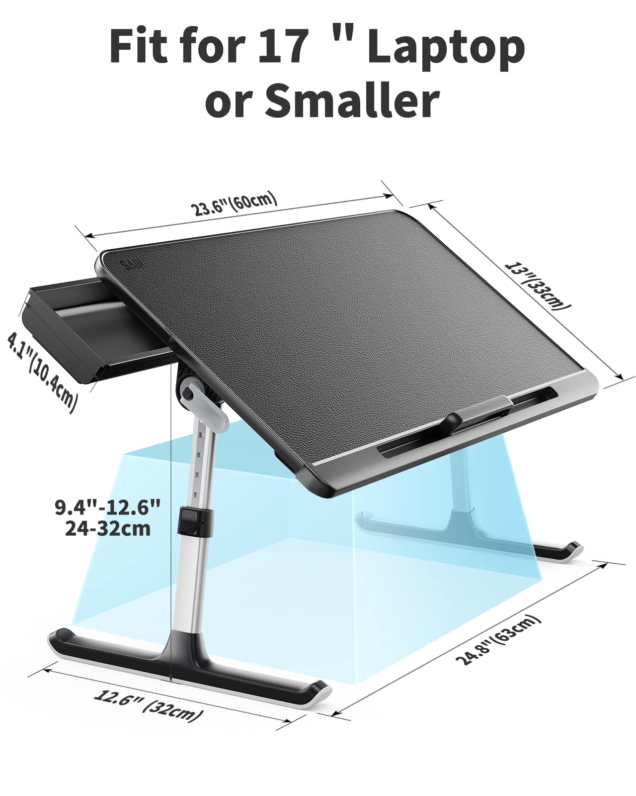SAIJI Laptop Bed Tray Table, Adjustable PVC Leather Laptop Bed Table, Portable Standing Desk with Storage Drawer, Foldable Lap Tablet Table for Sofa Couch Floor (Dark Black)
