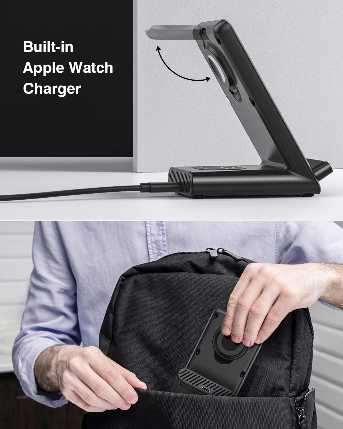 The 3-in-1 Wireless Charging Station quickly charges iPhone, Apple Watch, and AirPods. Compact, efficient, and perfect for home or office.