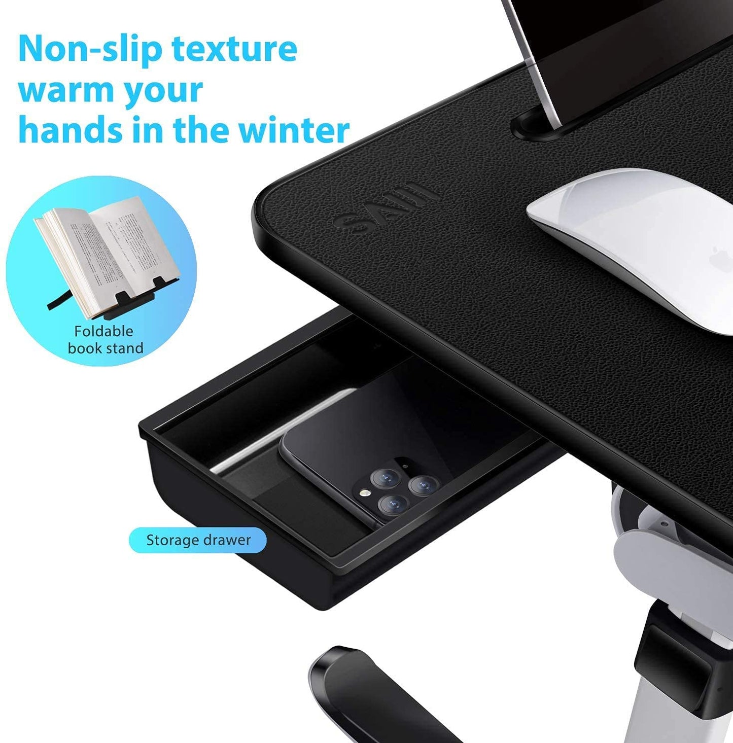 SAIJI Laptop Bed Tray Desk, Adjustable Laptop Stand for Bed, Foldable Laptop Table with Storage Drawer for Eating, Working, Writing, Gaming, Drawing (Gray&Black, X-Large)