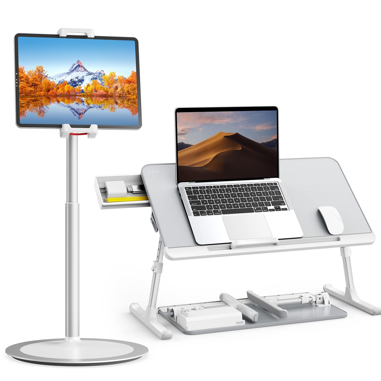 SAIJI Laptop Bed Tray Desk, Adjustable Laptop Stand for Bed,Foldable Laptop Table(Gray, Large)&Tablet Ipad Stand Holder, SAIJI Adjustable Phone Stand(Sliver)