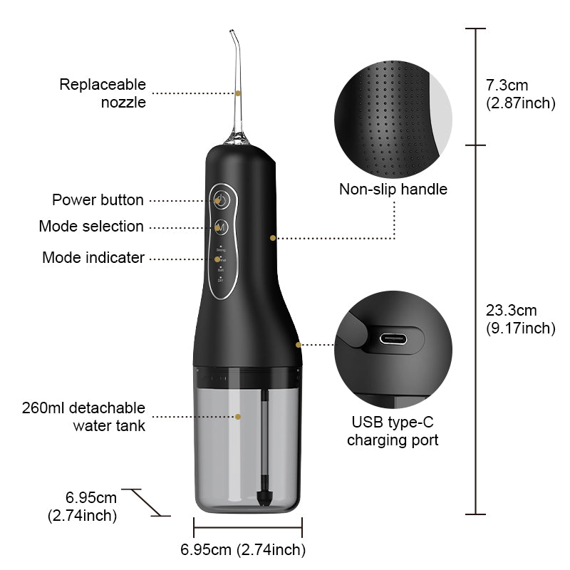 Portable Cordless Water Flosser – 240ml capacity, rechargeable with 4 modes and 4 jet tips. IPX7 waterproof for effective, convenient, and portable oral care at home or while traveling.