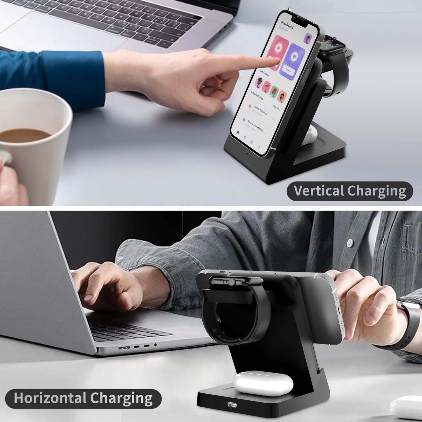 The 3-in-1 Wireless Charging Station quickly charges iPhone, Apple Watch, and AirPods. Compact, efficient, and perfect for home or office.