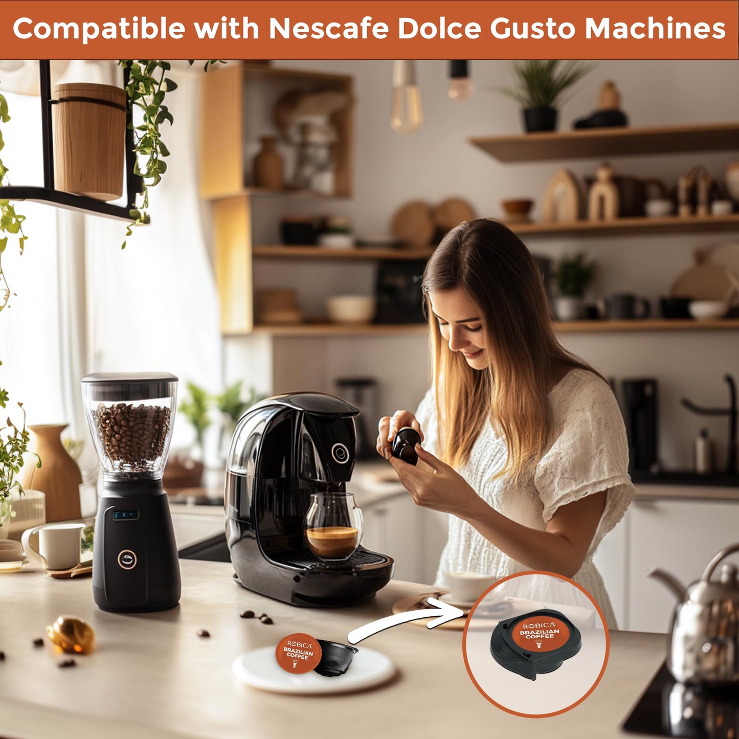 Robica Dolce Brazilian Coffee Pods Made from 100% Arabica Whole Coffee Beans - Single Serve Roasted Organic Ground Coffee Capsules Compatible with Dolce Gusto Machine, 10 Capsules