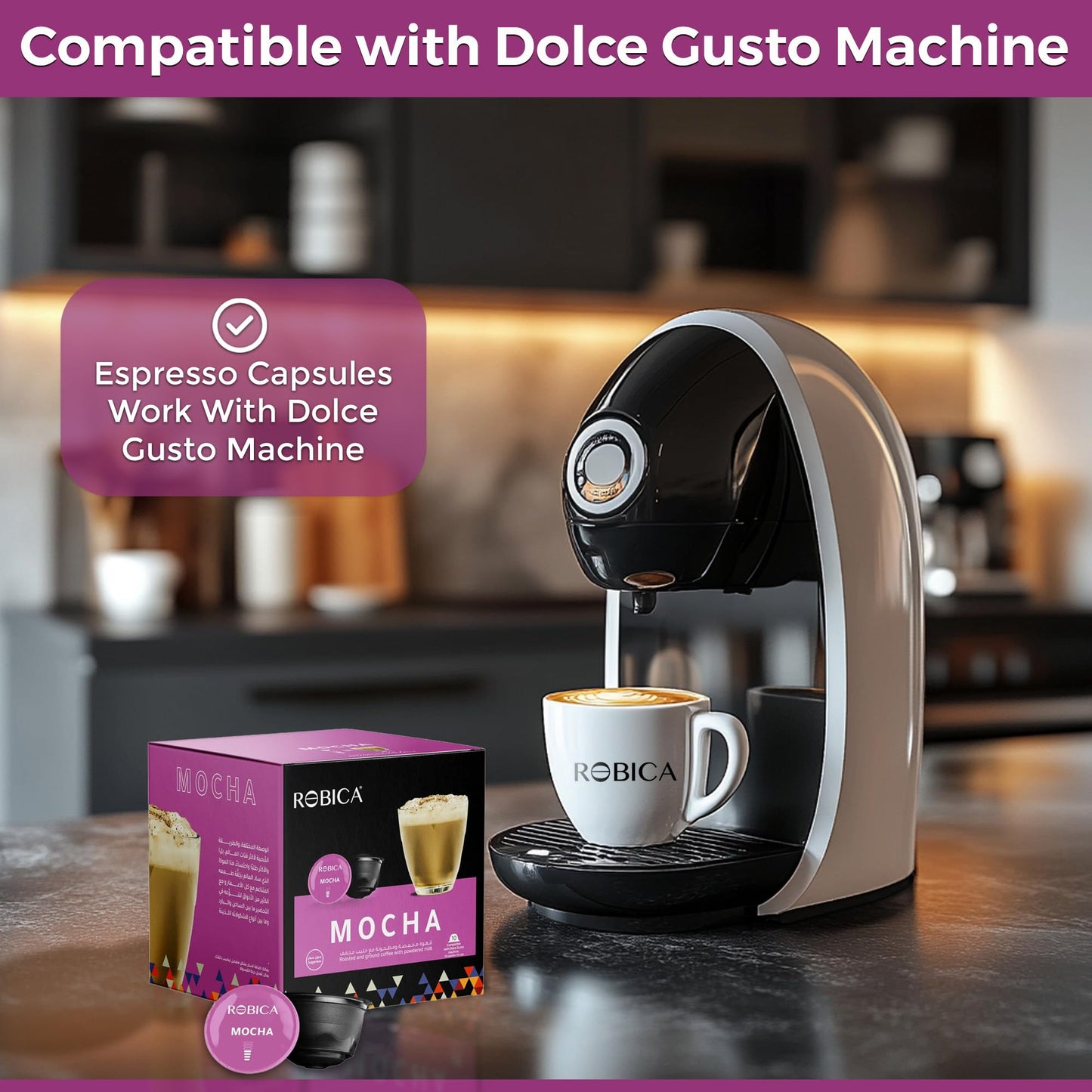 Robica Dolce Mocha Coffee Capsules, 100% Arabica Organic Ground Coffee, Single Serve Medium Roasted Coffee Pods Compatible with Dolce Gusto Machine for Brewing, 10 Capsules