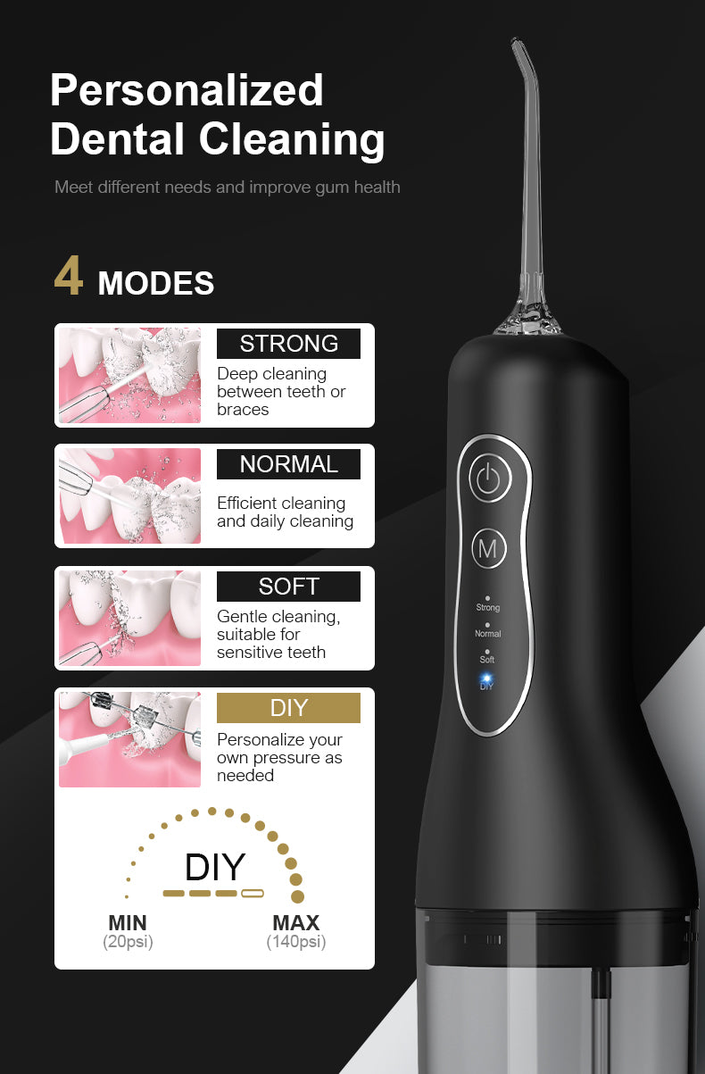 Portable Cordless Water Flosser – 240ml capacity, rechargeable with 4 modes and 4 jet tips. IPX7 waterproof for effective, convenient, and portable oral care at home or while traveling.
