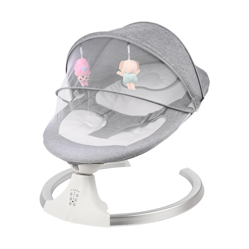Baby Cradle with 5-speed swing, Bluetooth music, remote control, mosquito net, and plush pendant. Linen grey base, ABS, steel bracket.