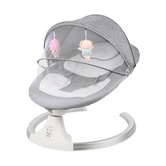 Baby Cradle with 5-speed swing, Bluetooth music, remote control, mosquito net, and plush pendant. Linen grey base, ABS, steel bracket.