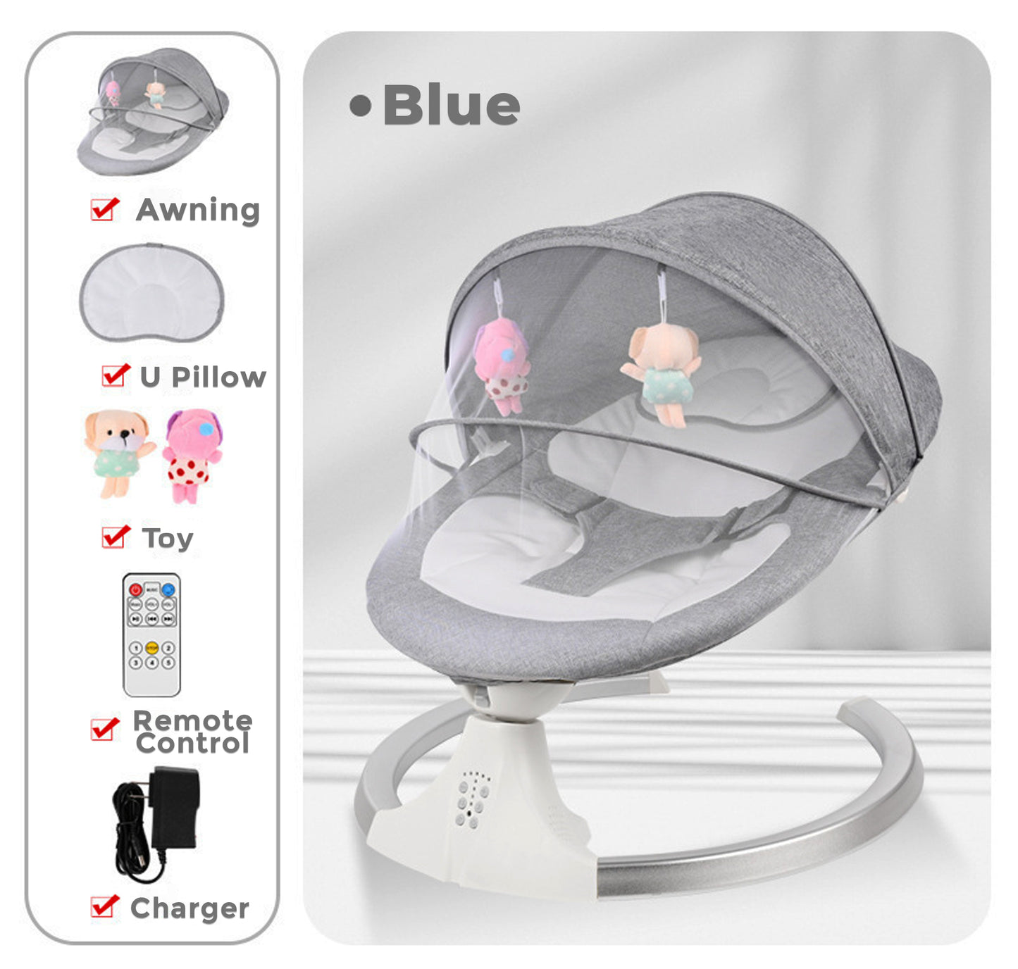 Baby Cradle with 5-speed swing, Bluetooth music, remote control, mosquito net, and plush pendant. Linen grey base, ABS, steel bracket.