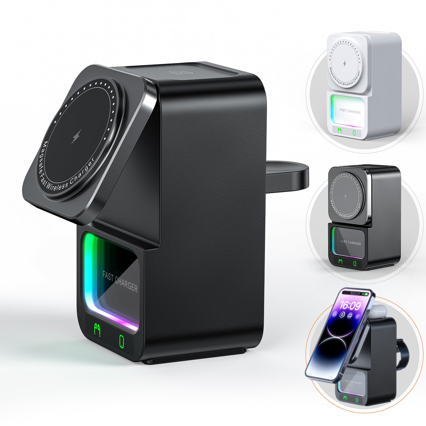 4-in-1 Wireless Charging Station with Bluetooth Speaker for iPhone, Apple Watch, and AirPods. Fast, case-friendly, foldable.