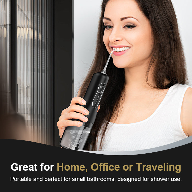 Portable Cordless Water Flosser – 240ml capacity, rechargeable with 4 modes and 4 jet tips. IPX7 waterproof for effective, convenient, and portable oral care at home or while traveling.