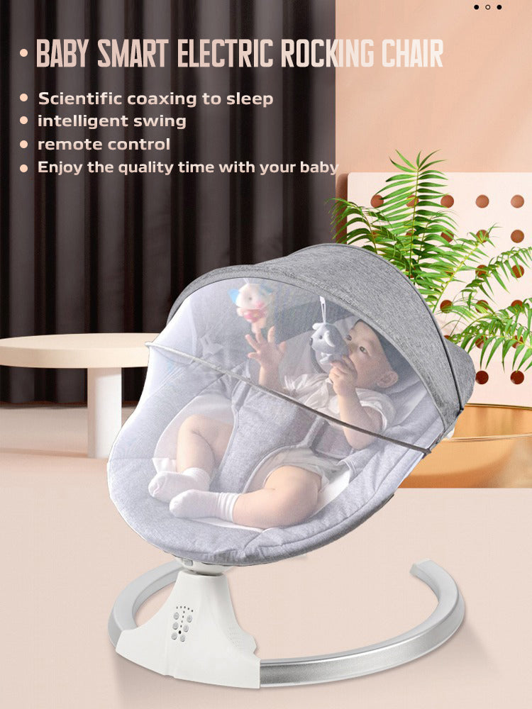 Baby Cradle with 5-speed swing, Bluetooth music, remote control, mosquito net, and plush pendant. Linen grey base, ABS, steel bracket.