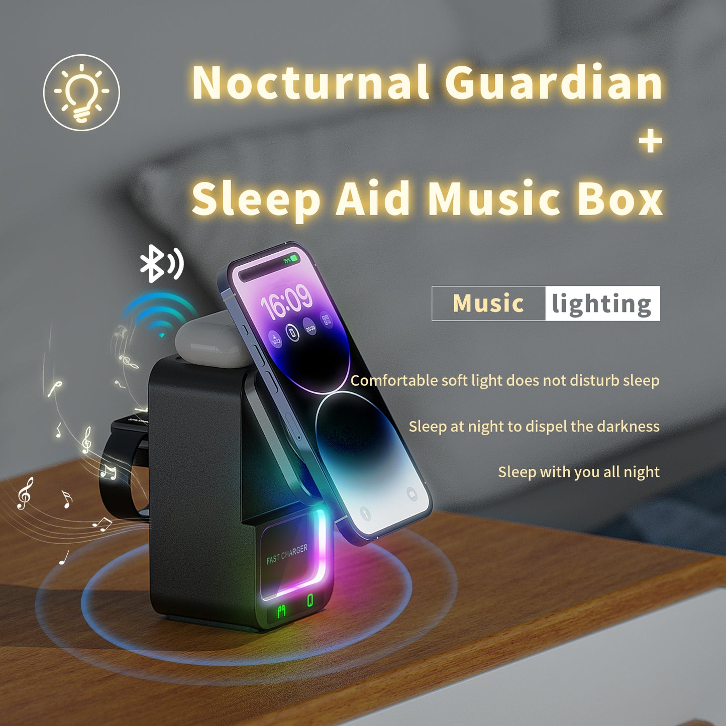 4-in-1 Wireless Charging Station with Bluetooth Speaker for iPhone, Apple Watch, and AirPods. Fast, case-friendly, foldable.