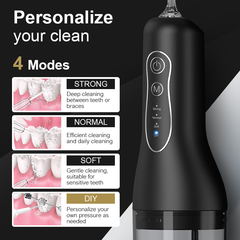 Portable Cordless Water Flosser – 240ml capacity, rechargeable with 4 modes and 4 jet tips. IPX7 waterproof for effective, convenient, and portable oral care at home or while traveling.