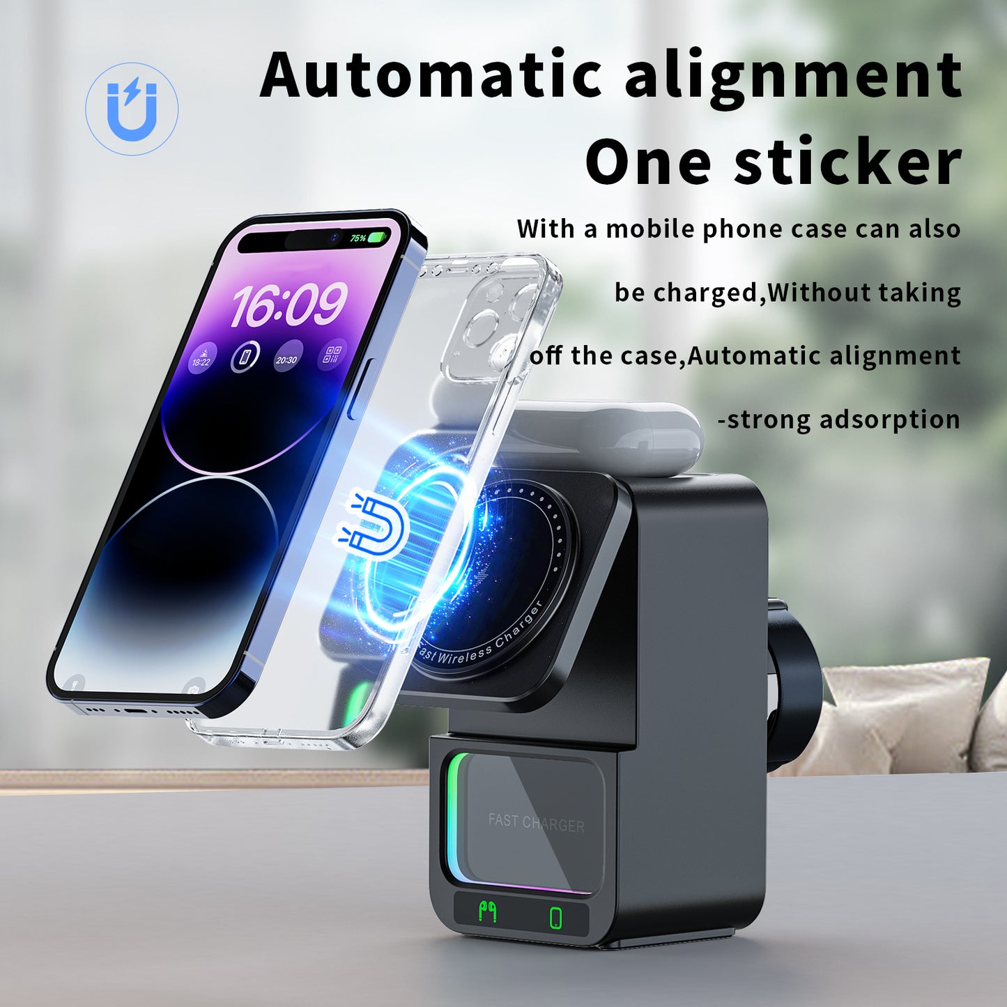 4-in-1 Wireless Charging Station with Bluetooth Speaker for iPhone, Apple Watch, and AirPods. Fast, case-friendly, foldable.