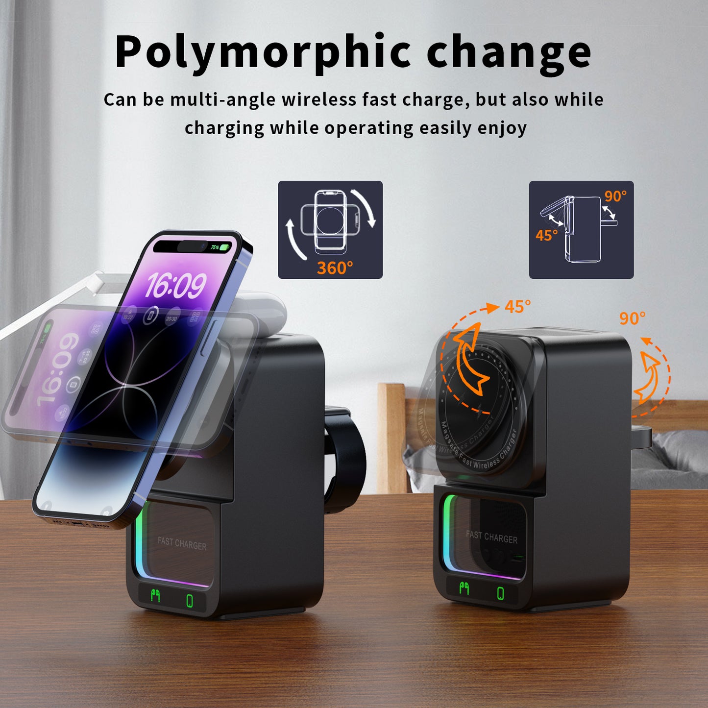 4-in-1 Wireless Charging Station with Bluetooth Speaker for iPhone, Apple Watch, and AirPods. Fast, case-friendly, foldable.