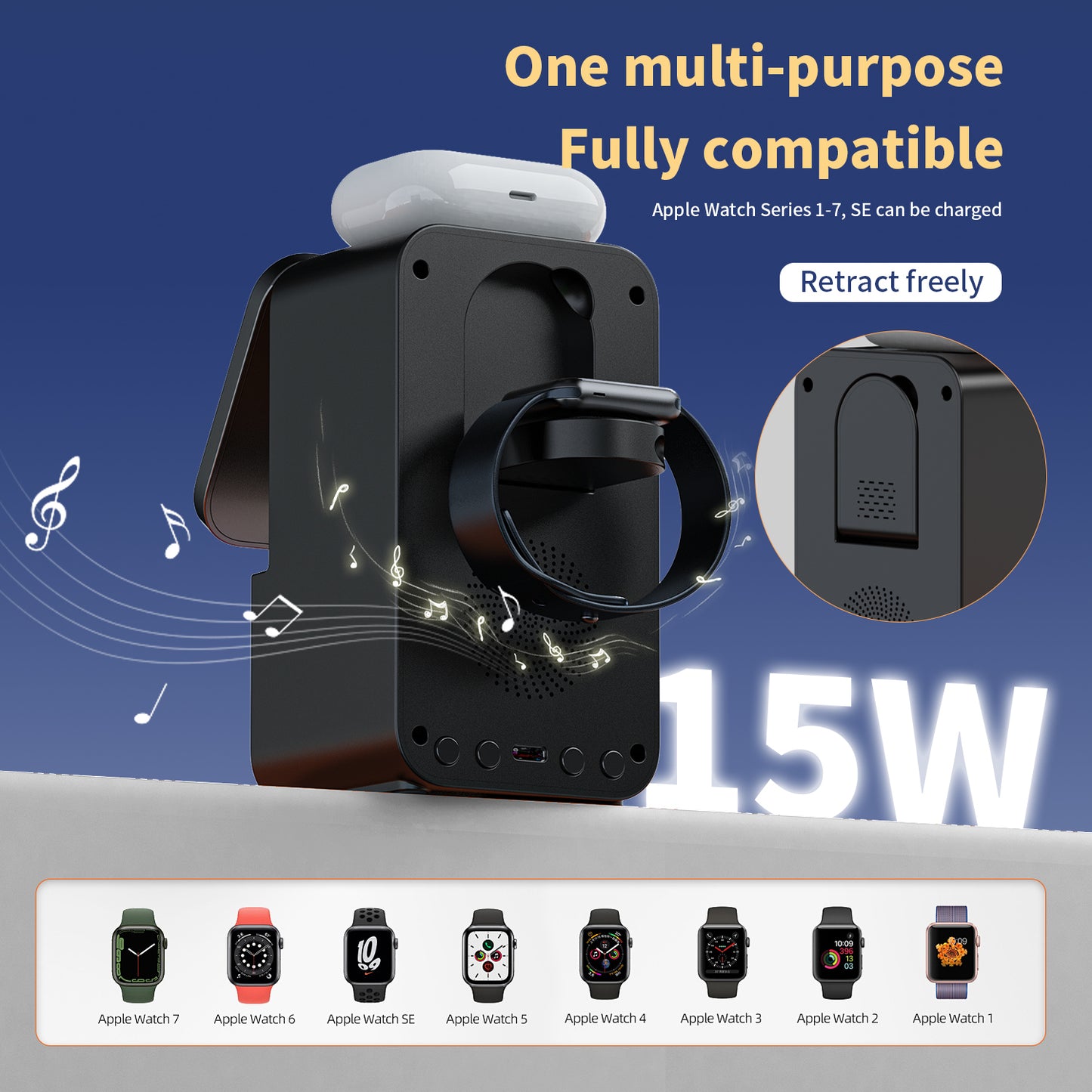 4-in-1 Wireless Charging Station with Bluetooth Speaker for iPhone, Apple Watch, and AirPods. Fast, case-friendly, foldable.