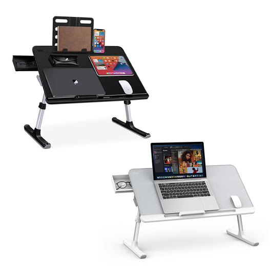 SAIJI Laptop Bed Tray Desk, Adjustable PVC Leather Desktop Lap Desk, Portable Laptop Table Stand with Storage Drawer, Foldable Laptop Tray for Sofa Couch Floor (Large, Gray&X-Large,Black)