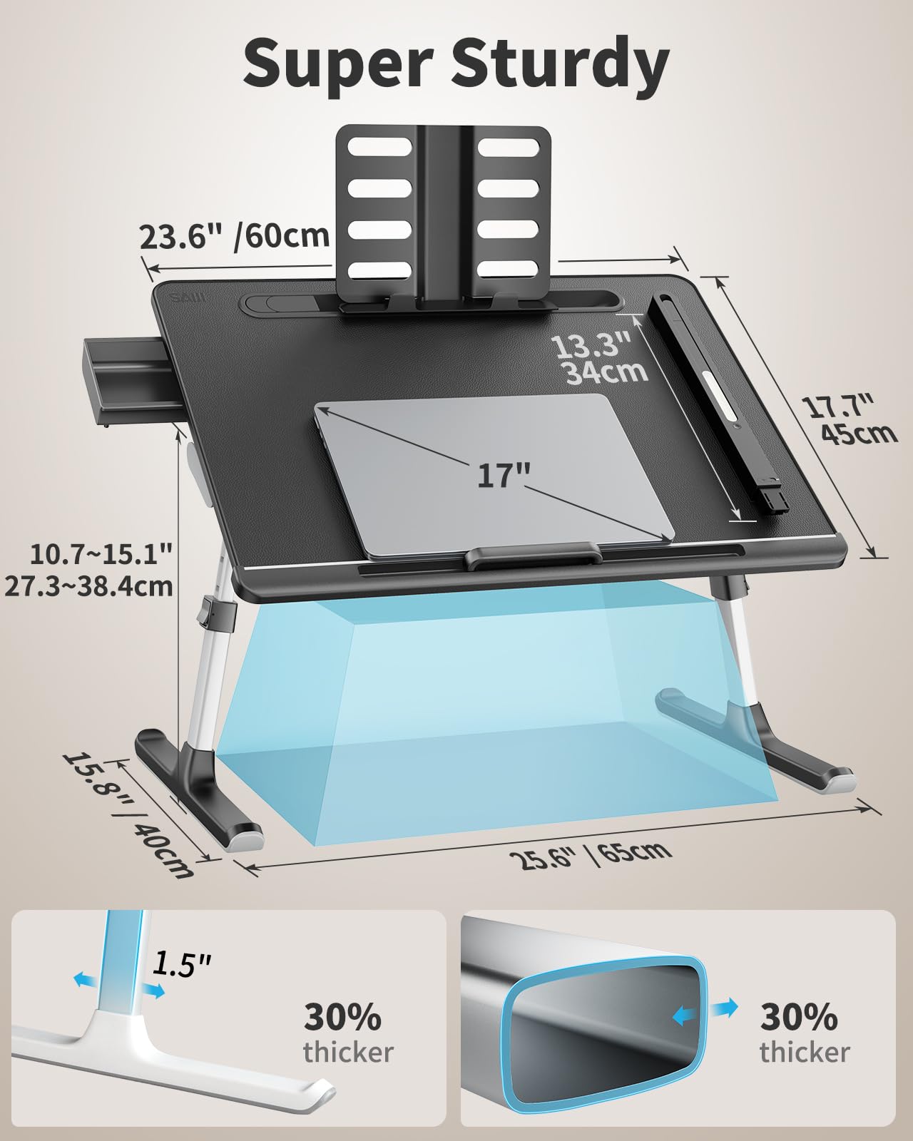 Laptop Bed Tray Desk with LED Desk Light, SAIJI Adjustable Laptop Stand for Bed, XX-Large PVC Leather Foldable Laptop Table with Book Stand,Wrist Rest, Extra Leg Room(Black)