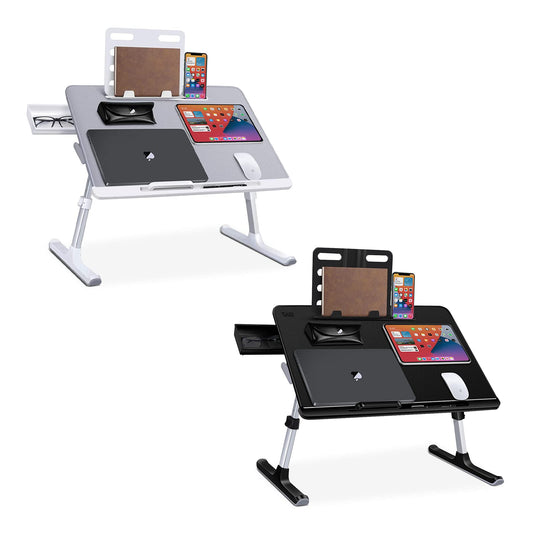 SAIJI Laptop Bed Tray Desk, Adjustable Laptop Stand for Bed, Foldable Laptop Table with Storage Drawer for Eating, Working, Writing, Gaming, Drawing (Gray&Black, X-Large)