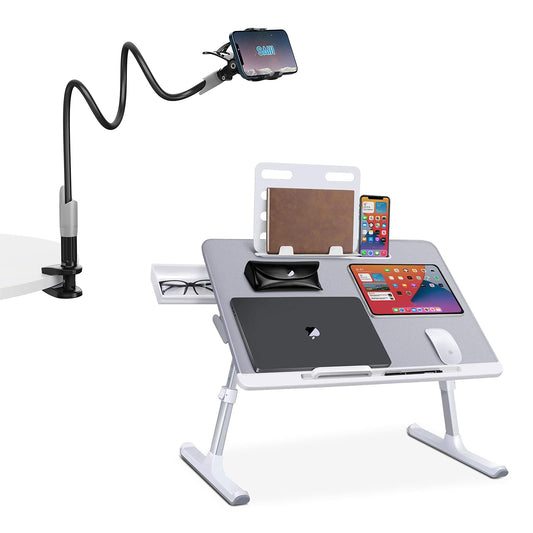 SAIJI Laptop Bed Tray Desk, Adjustable Laptop Stand for Bed,Foldable Laptop Table(Gray, X-Large) Gooseneck Cell Phone HolderClamp Universal Lazy Mount Clip (Black)