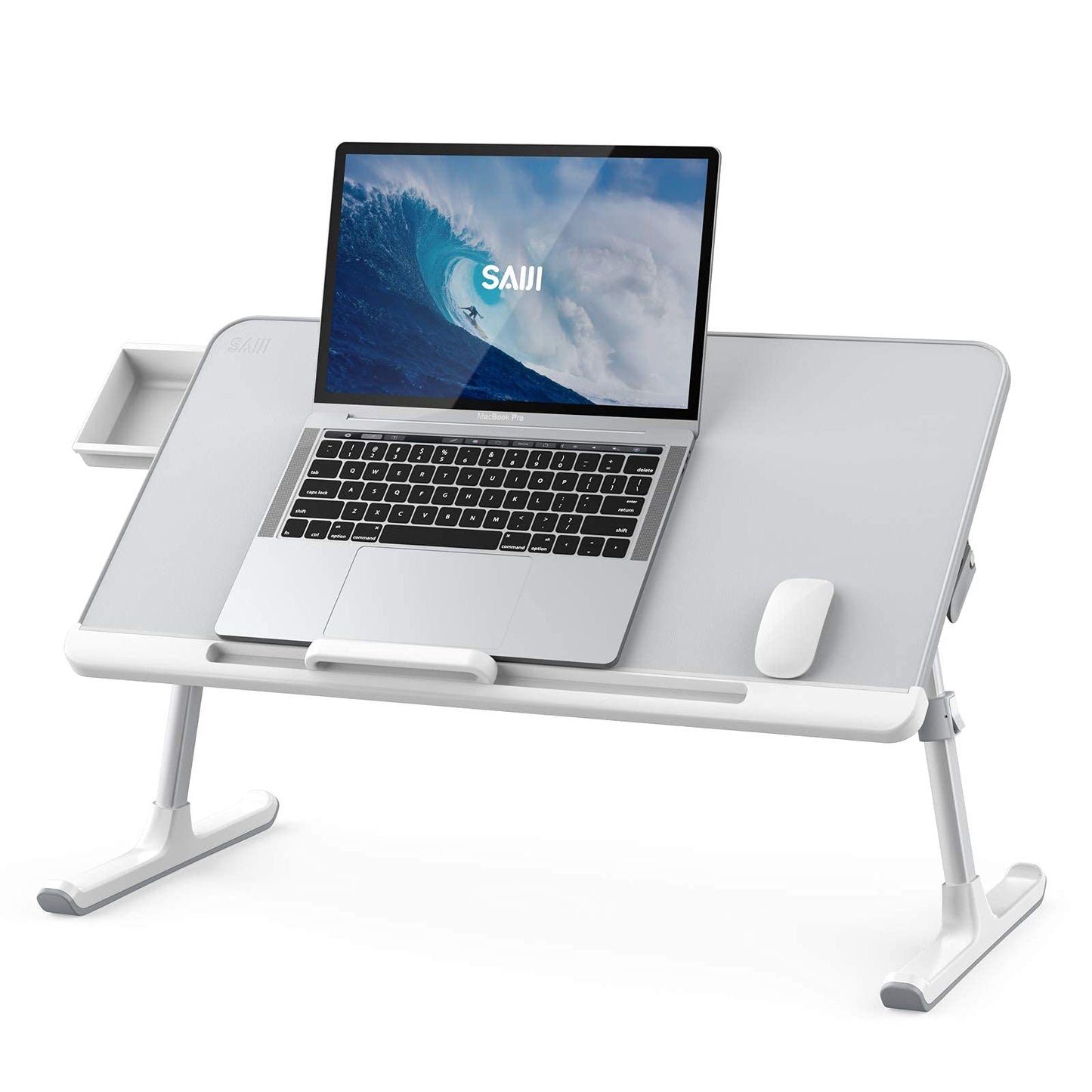 SAIJI Laptop Bed Tray Desk, Adjustable PVC Leather Desktop Lap Desk, Portable Laptop Table Stand with Storage Drawer, Foldable Laptop Tray for Sofa Couch Floor (Large, Gray&X-Large,Black)