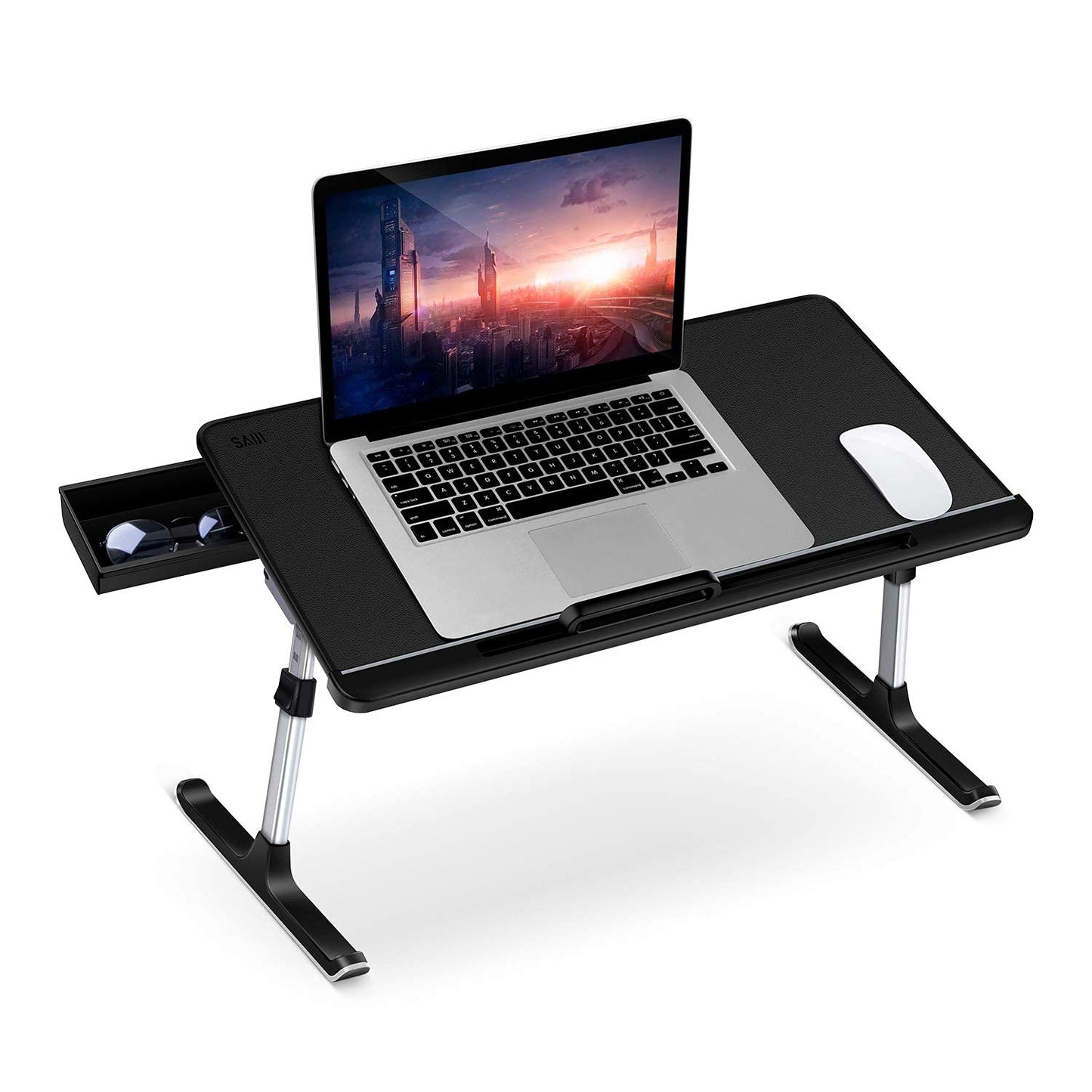 SAIJI Laptop Bed Tray Desk, Adjustable Laptop Stand for Bed, Foldable Laptop Table with Storage Drawer for Eating, Working, Writing, Gaming, Drawing (Gray, X-Large&Black,Large)