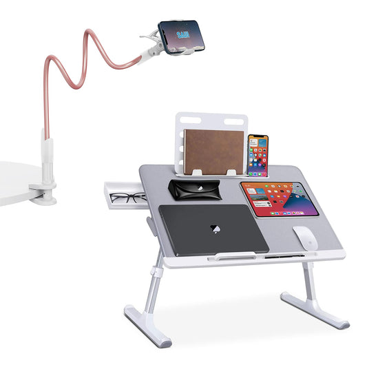 SAIJI Laptop Bed Tray Desk, Adjustable Laptop Stand for Bed,Foldable Laptop Table(Gray, X-Large) Gooseneck Cell Phone HolderClamp Universal Lazy Mount Clip (Rose Gold)