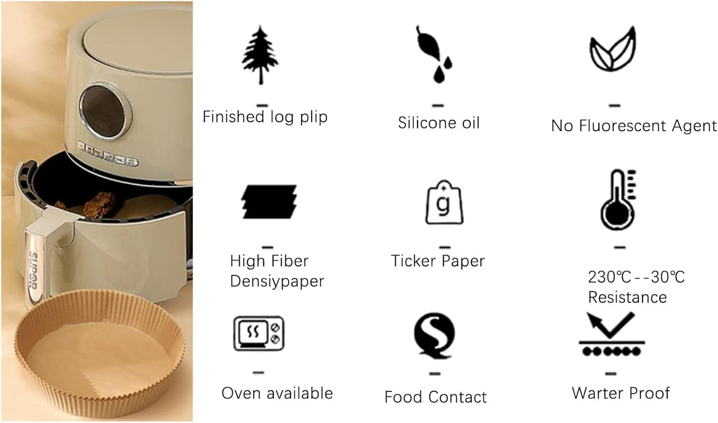 Round Air Fryer Paper, 50PCS, non-stick, food-grade, oil & water-proof, heat-resistant. Ideal for easy cleanup, preventing mess, and ensuring hassle-free cooking in your air fryer.