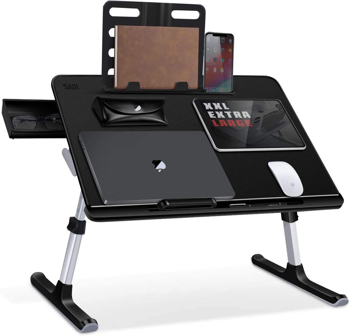 SAIJI Laptop Bed Tray Desk, Adjustable PVC Leather Desktop Lap Desk, Portable Laptop Table Stand with Storage Drawer, Foldable Laptop Tray for Sofa Couch Floor (Large, Gray&X-Large,Black)