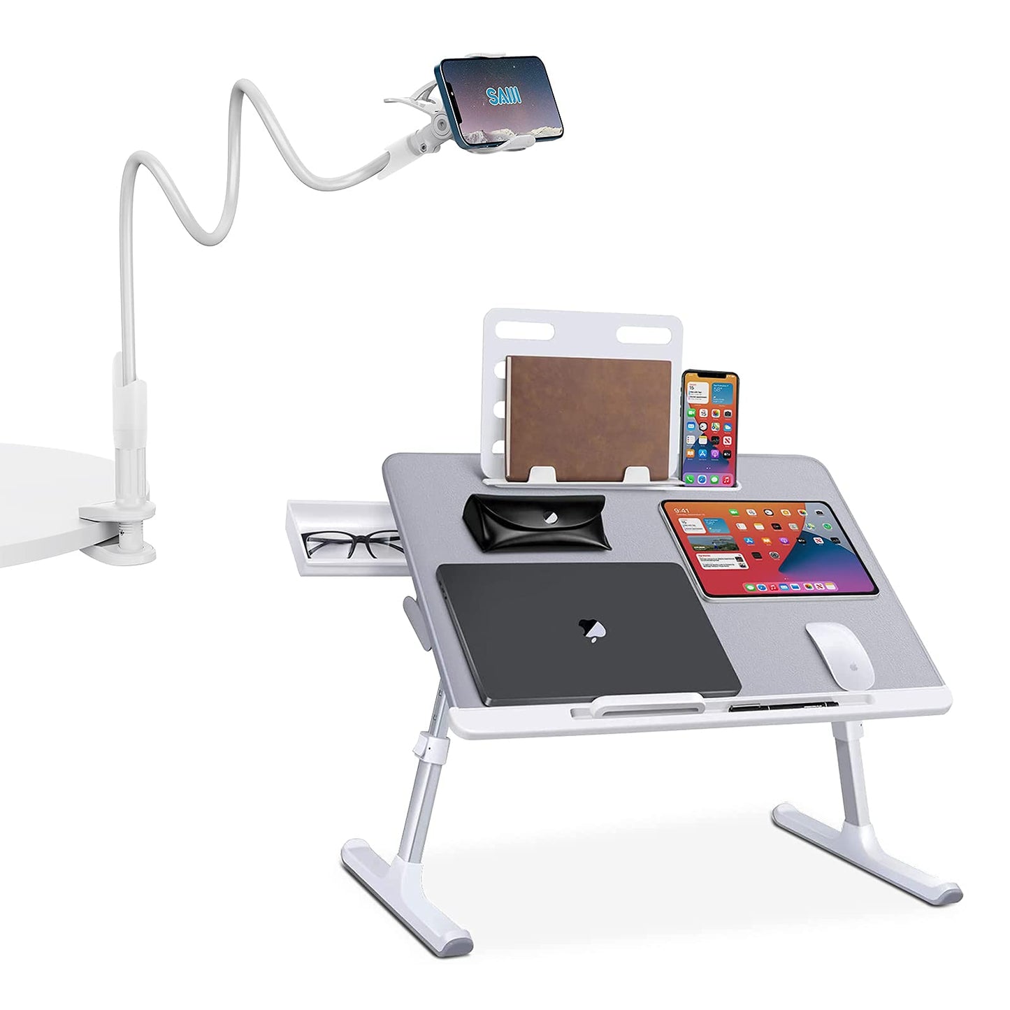 SAIJI Laptop Bed Tray Desk, Adjustable Laptop Stand for Bed,Foldable Laptop Table(Gray, X-Large) Gooseneck Cell Phone HolderClamp Universal Lazy Mount Clip (White)