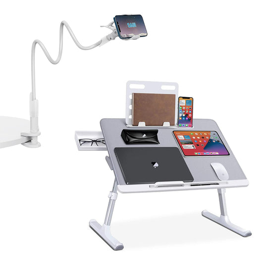 SAIJI Laptop Bed Tray Desk, Adjustable Laptop Stand for Bed,Foldable Laptop Table(Gray, X-Large) Gooseneck Cell Phone HolderClamp Universal Lazy Mount Clip (White)