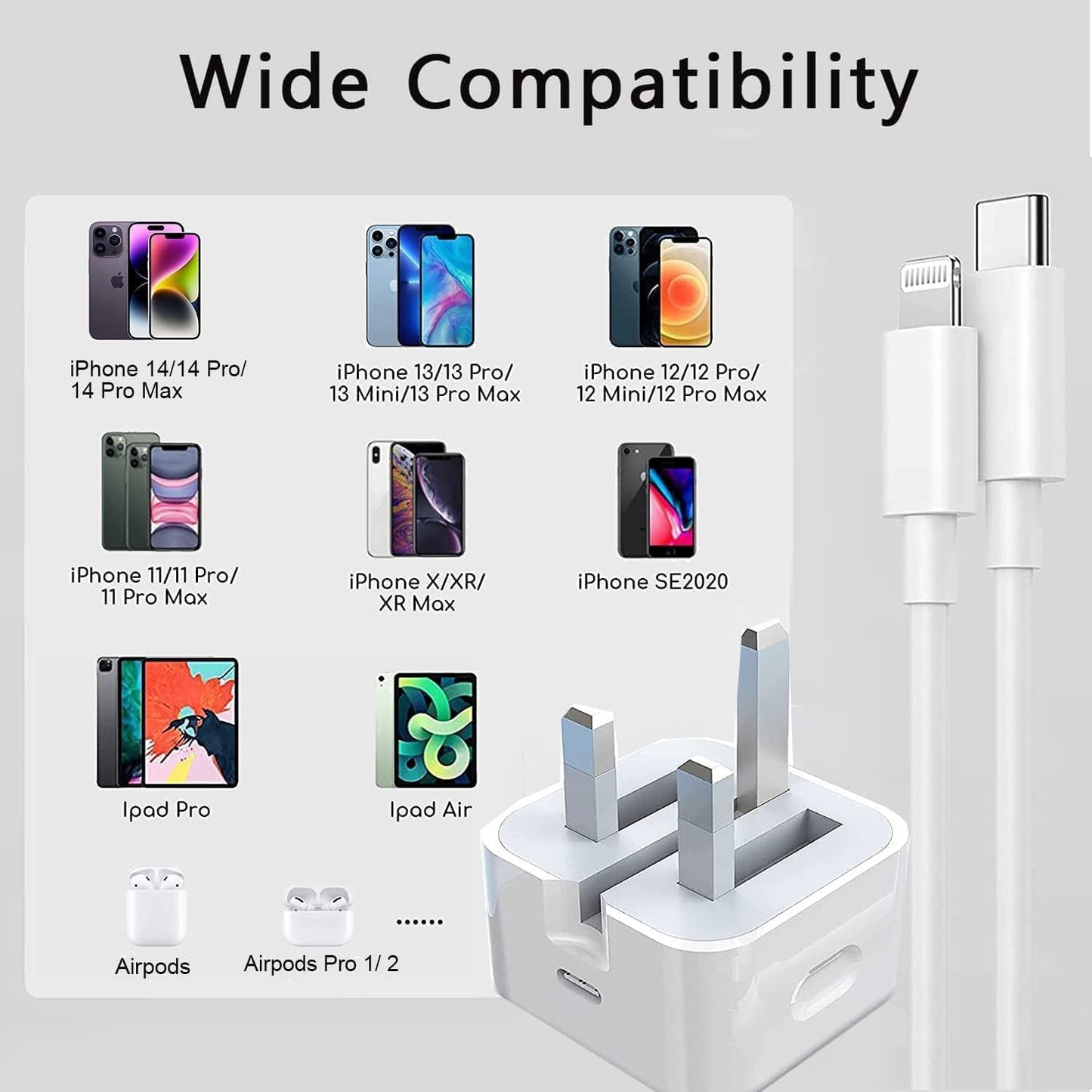 20W PD Fast Charger for iPhone 13/14 – UK Folding Plug, USB-C Cable, Quick Charging for iPhone & USB-C Devices, Compact & Portable