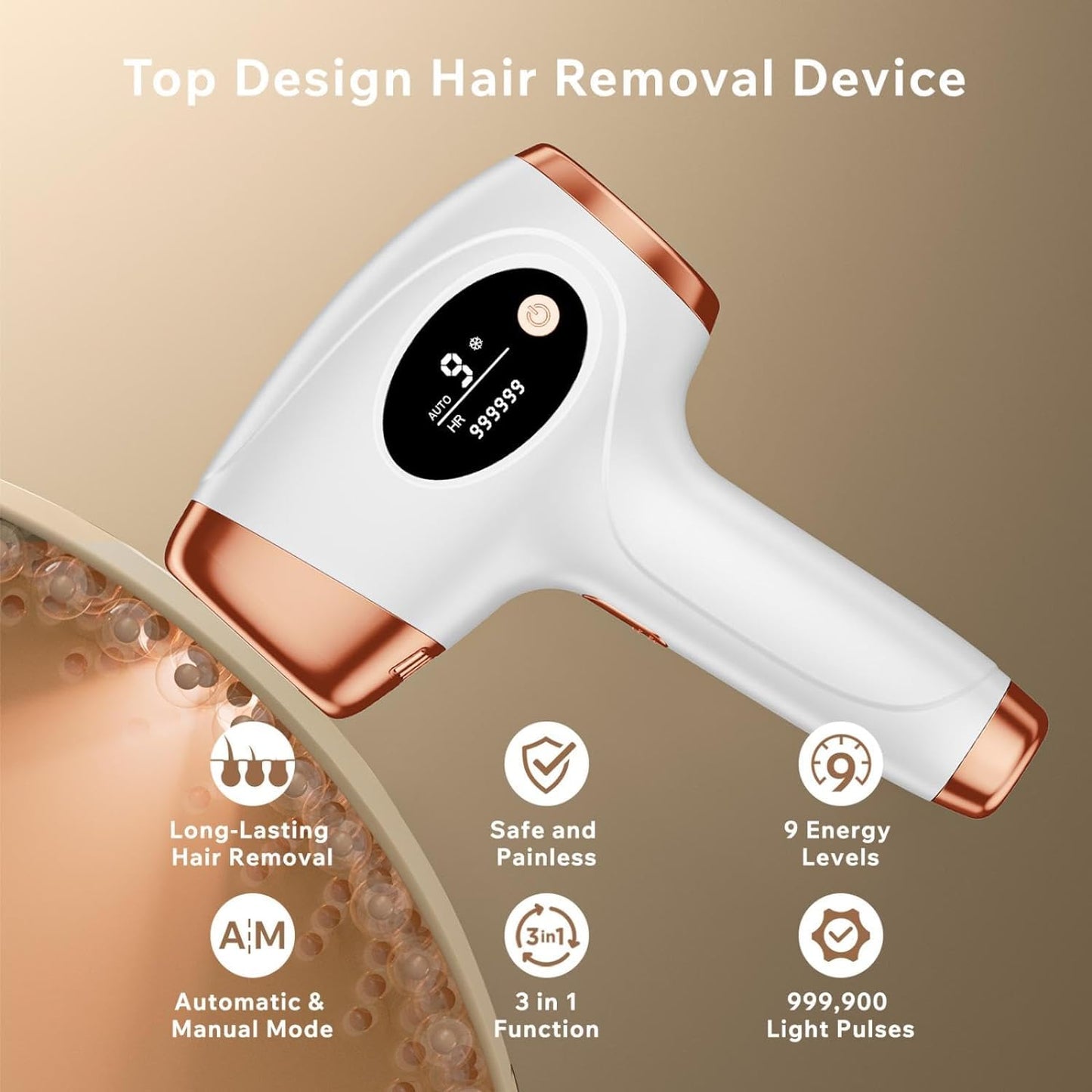 Laser Hair Removal Device for Women & Men – 3-in-1 IPL, 999,900+ flashes, 9 energy levels, painless, at-home use.