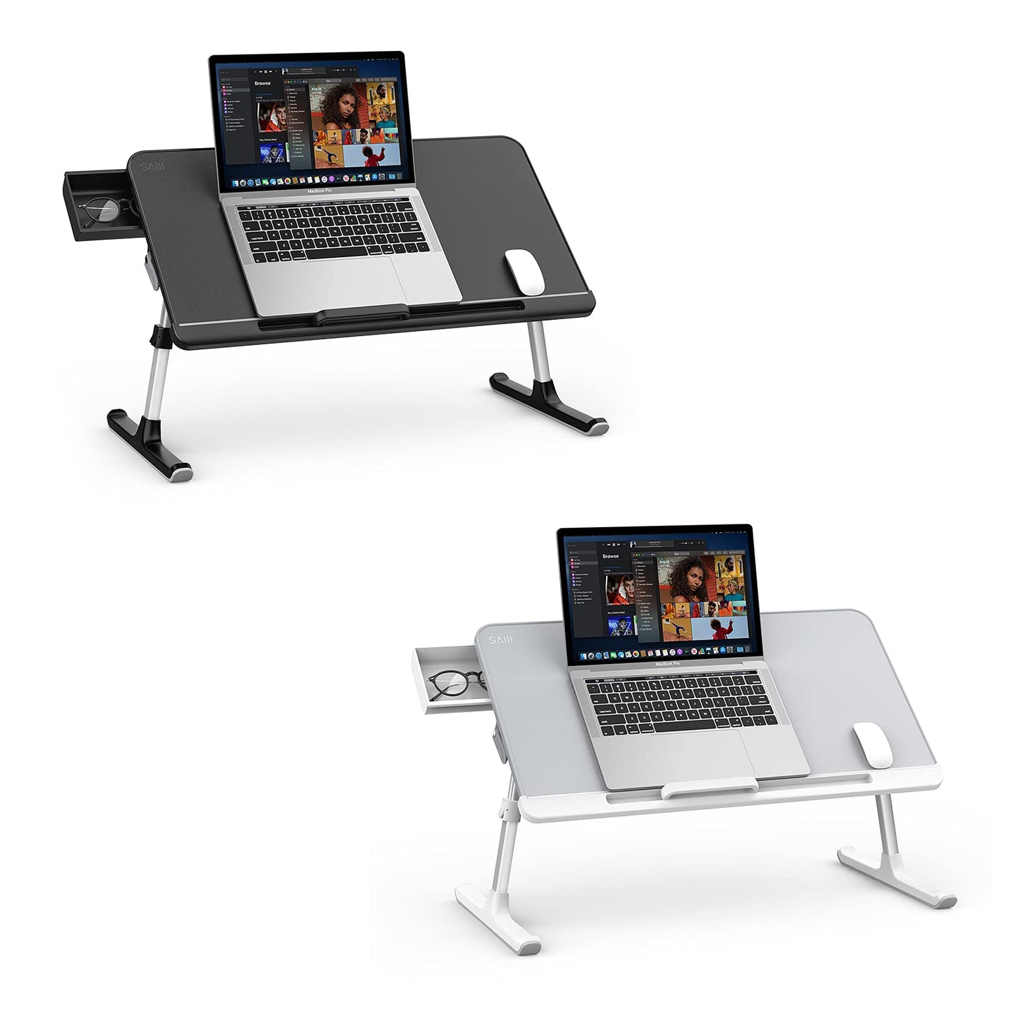 SAIJI Laptop Bed Tray Desk, Adjustable PVC Leather Desktop Lap Desk, Portable Laptop Table Stand with Storage Drawer, Foldable Laptop Tray for Sofa Couch Floor (Large, Gray&Black)
