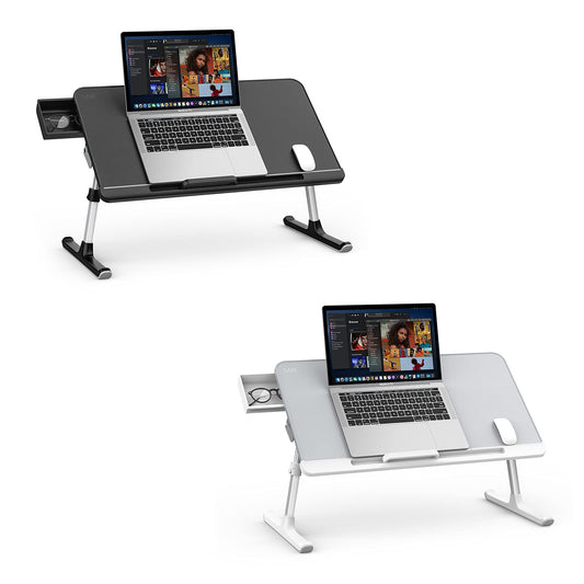 SAIJI Laptop Bed Tray Desk, Adjustable PVC Leather Desktop Lap Desk, Portable Laptop Table Stand with Storage Drawer, Foldable Laptop Tray for Sofa Couch Floor (Large, Gray&Black)