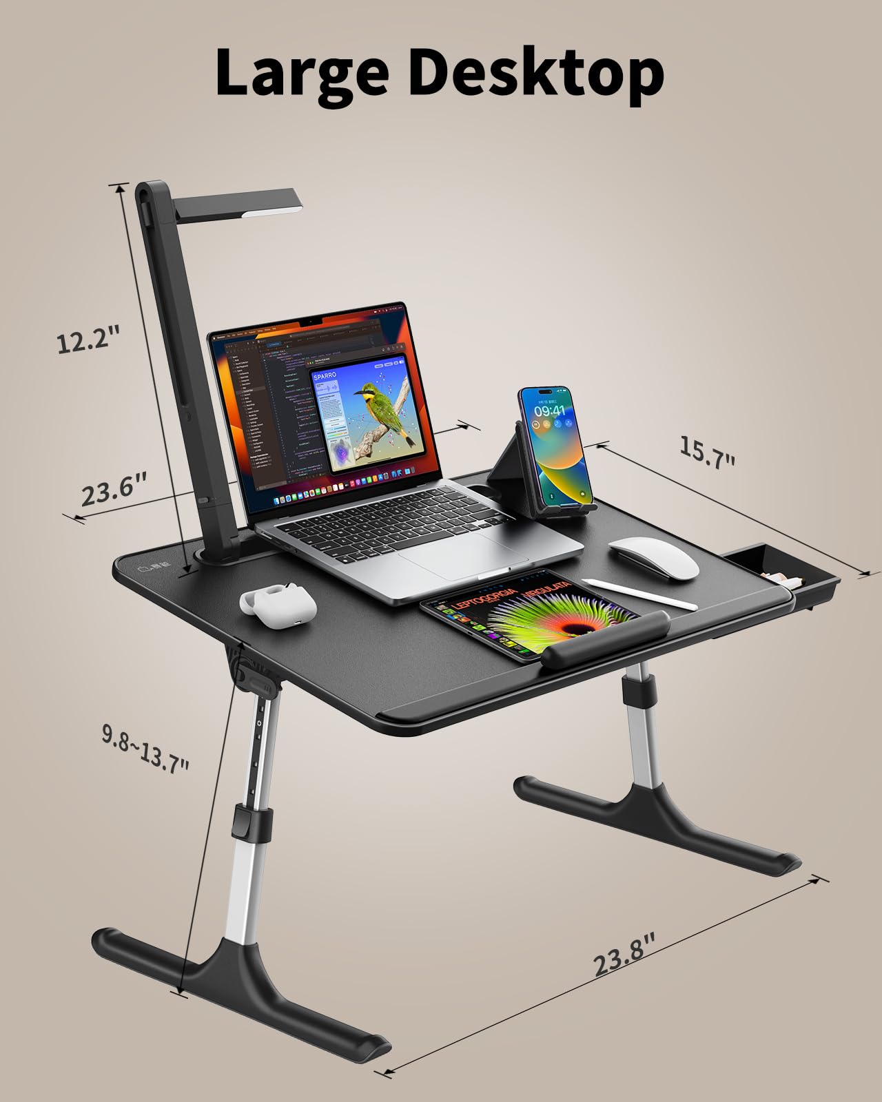 Laptop Table with LED Desk Light, SAIJI Laptop Stand for Bed, Height Adjustments Bed Desk with Book Stand for Reading Writing Drawing (Black)