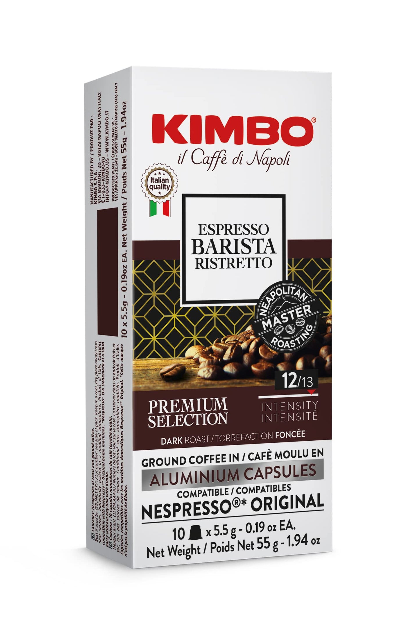 Kimbo Espresso Ristretto 100% Arabica Coffee Capsules - Dark Roast Ground Coffee Compatible with Nespresso Machines, Smooth & Rich Italian Espresso Capsules - 10 Count Aluminum capsules