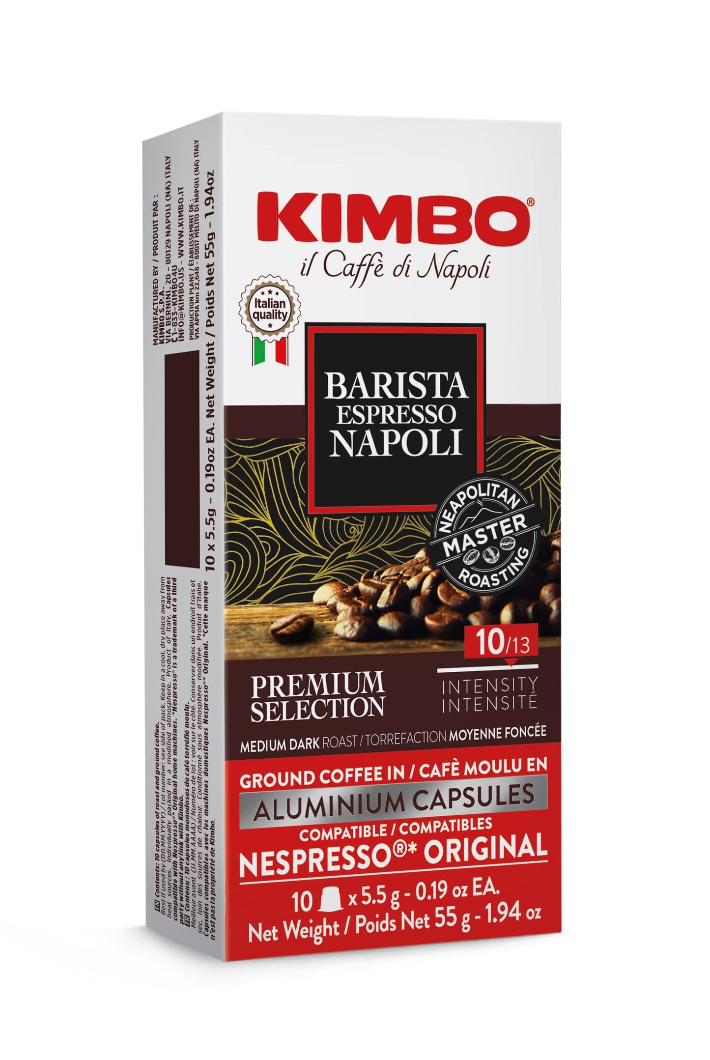 Kimbo Barista Napoli Espresso Aluminium Capsules, Nespresso Compatible, Smooth and Rich Italian Espresso, Medium Dark Roast, 10 Count