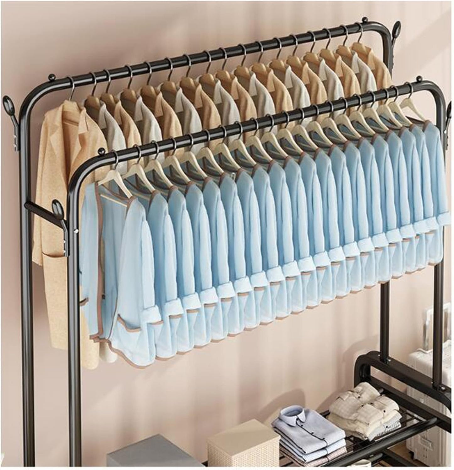 Wrought Iron Floor-Standing Clothes Rack with Wheels – Double Shelf Drying Stand for Household, Dormitory, or Bedroom